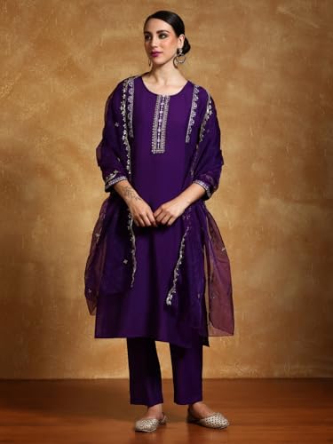 Varanga Women-Thread & Sequin Embroidered Yoke Kurta With Trouser & Scallop Dupatta