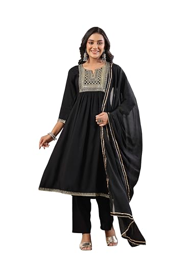 ishin Women's Black Yoke Design Zari Work A-Line Kurta with Trousers & Dupatta