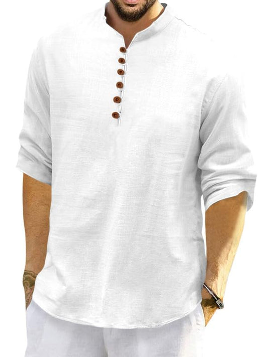 Macsivo MenS Cotton Blend Short Kurta With Solid Mandarin Collared Full Sleeve Curved Hem Length | Kurta For Men Stylish White