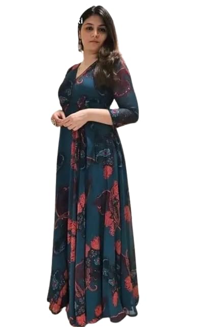 Fashion2wear Womens Georgette Fit and Flare V-Neck Gown Elegant Silhouette in Effortless Style | 3/4 Sleeve | Dress for Women (