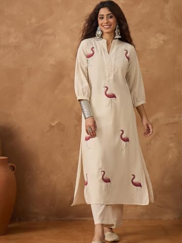 Varanga Flamingo Embroidered Kurta Paired with Solid Trousers White