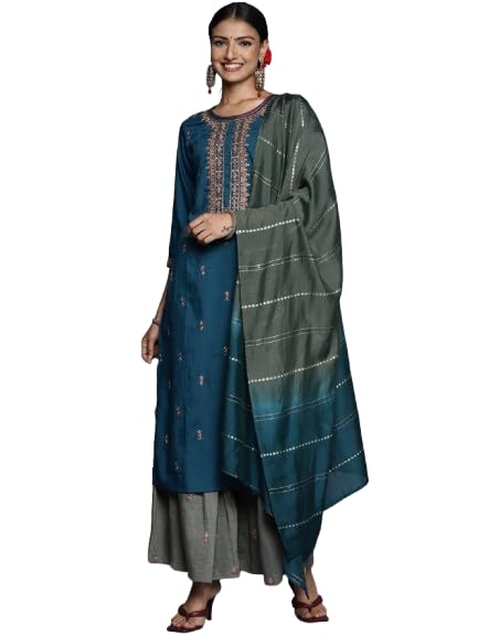 VARANGA Thread Embroidered Kurta With Sharara And Ombre Shade Dupatta