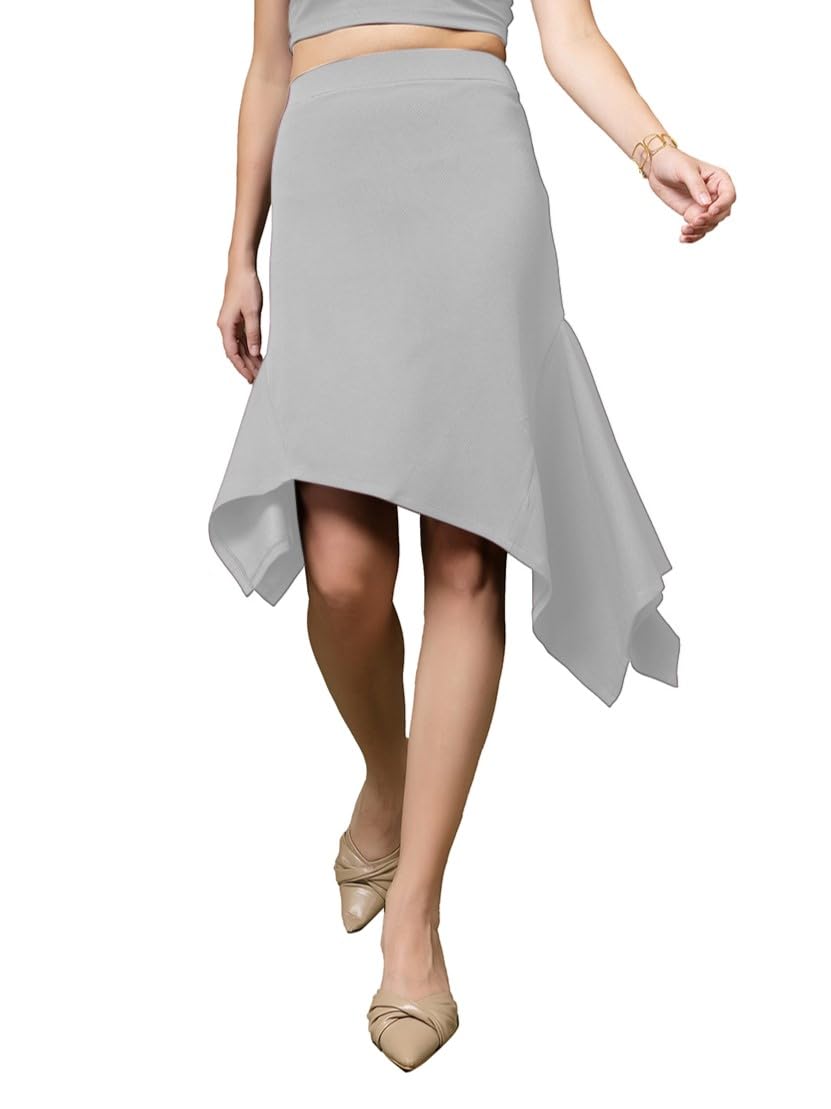 OOMPH! A-Line Handkerchief Hem Lycra Skirt for Women Grey - msk236