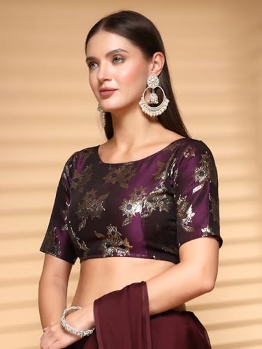 Oomph! WomenS Indian Ethnic Wear Designer Floral Pattern Zari Work Boat Neck Half Sleeve Purple Color Brocade Readymade Blouse