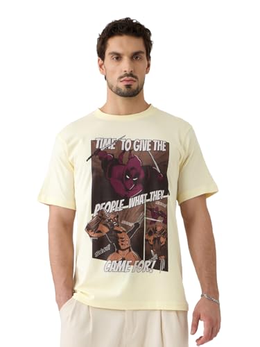The Souled Store Deadpool: Comics Men and Boys Short Sleeves Round Neck Off White Graphic Printed Regular Fit Cotton T-Shirts