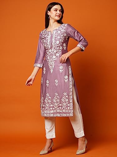 GoSriKi Womens Cotton Blend Straight Chikankari Embroidered Kurta (Chin-Purple-GS_XXL_Purple_XX-Large)