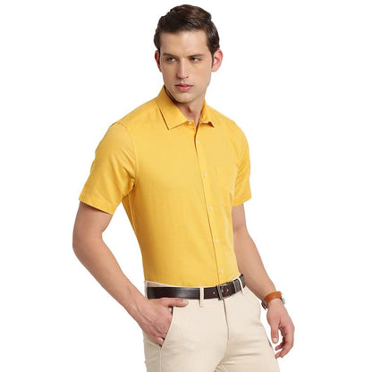 Turtle Men Cotton Linen Yellow Plain Regular Fit Half Sleeve Formal Shirt
