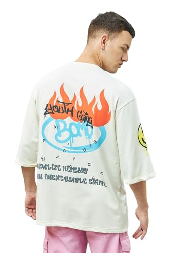 Bewakoof Mens Graphic Print Super Loose Fit Half Sleeve Round Neck Cotton Blend T-Shirt_604521_Beige_M