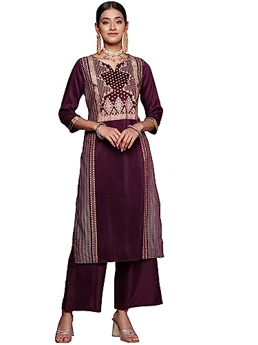ZIYAA Women's Purple Chinon Straight Kurta Palazzo Set (ZIKUCH3965ANDPL)