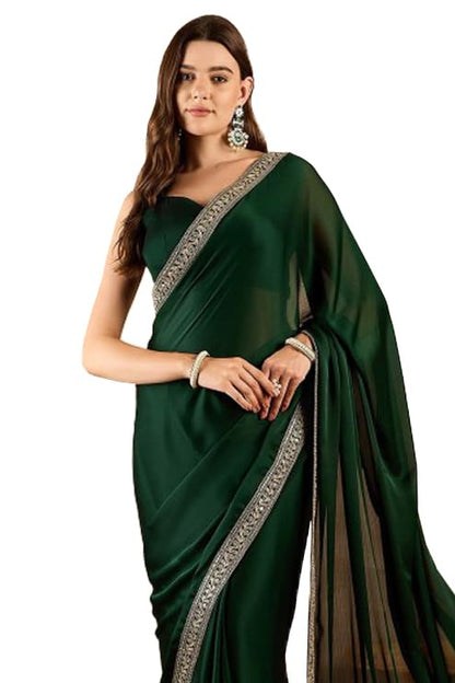 Cb-Colebrook Women'S Soft Satin Saree With Embroidered Sequin Border With Blouse Piece, Traditional Indian Ethnic Wear, Party, W