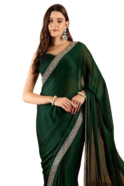 Cb-Colebrook Women'S Soft Satin Saree With Embroidered Sequin Border With Blouse Piece, Traditional Indian Ethnic Wear, Party, W