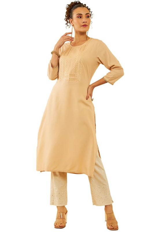 Soch Womens Earth Rayon Yoke Design Straight Kurta with Sequins
