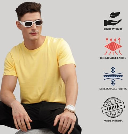 ADRO Men's Solid Regular Fit T-Shirt (RCM3-PLN-LY-WH-GR_Light Yellow,White,Grey