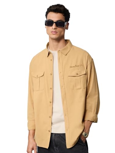 The Souled Store Cotton Linen: Chasing Sunset Men and Boys Long Sleeves Collared Neck Button Front Beige Embroidered Regular Fit