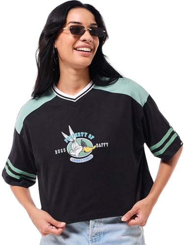 Bewakoof Official Looney Tunes Merchandise Bugs & Daffy Womens Graphic Printed Oversized Fit Half Sleeve V-Neck Pure Cotton T-S