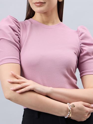 Style Quotient Women Solid Dusty Rose Poly Knit Smart Casual Regular Top