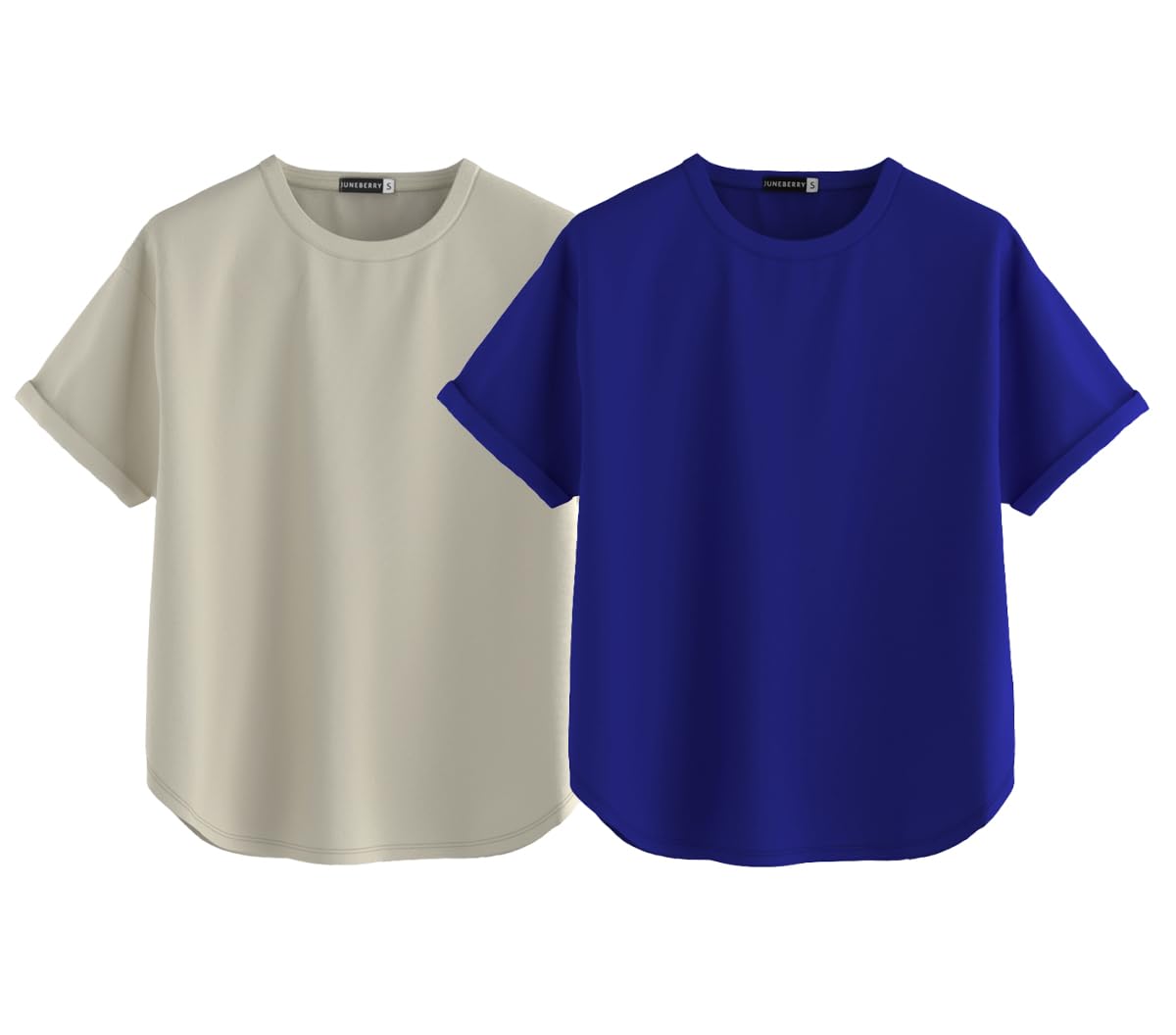 Juneberry Pure 100% Cotton Oversized Loose Baggy Fit Round Neck With Drop Shoulder Swanwhite & Royal Blue Half Sleeves Boyfriend