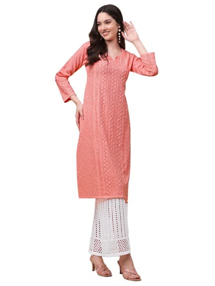 Gufrina WomenS Viscose Rayon Lucknowi Embroidery Work 3/4 Sleeve V- Nack Straight Kurta With Chikankari Embroidery Palazzo Set
