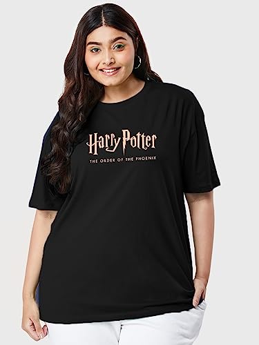 Bewakoof X Official Harry Potter Merchandise Womens Order of The Phoenix Graphic Printed Cotton Jersey Plus Size T-Shirt - Over