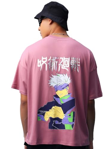 Bewakoof Satoru Mens Graphic Print Oversized Fit Half Sleeve Round Neck Cotton T-Shirt_597955_Purple_L