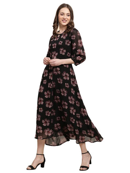 Preneum WomenS Maxi Fit & Flare Latest Style Print Georgette Regular Sleeves Casual Maxi Dress || Summer Dress Festival & Occas