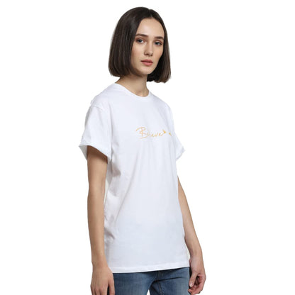 Bewakoof Women Minimal Believe Boyfriend White Half Sleeve Round Neck Printed T-Shirt