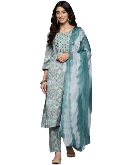 VARANGA Women Turquiose Blue Round Neck Embroidered Yoke Printed Kurta Paired With Printed Bottom & Tie-Dye Dupatta