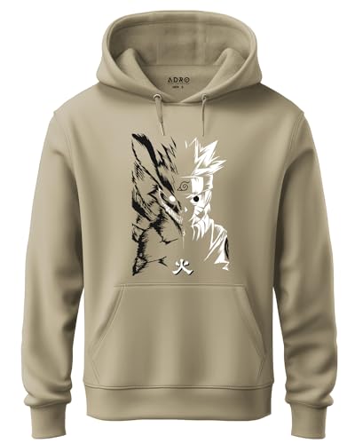 ADRO Mens Hoodies with Naruto Uzumaki Anime Printed, 100% Cotton 340GSM Warm & Soft Fabric. (H23-M-NRR-BE_Beige_XL)