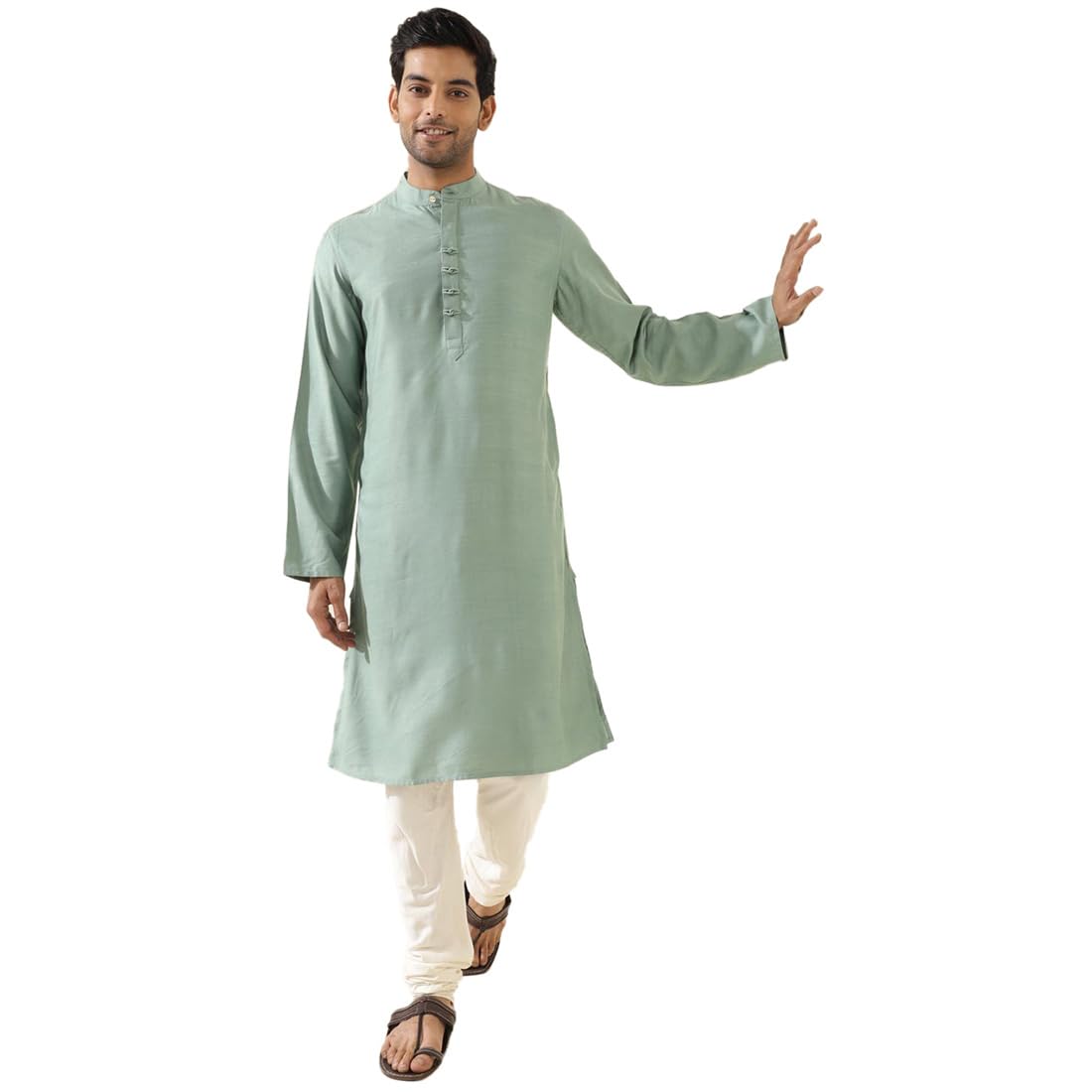 Fabindia Green Viscose Silk Slim Fit Kurta
