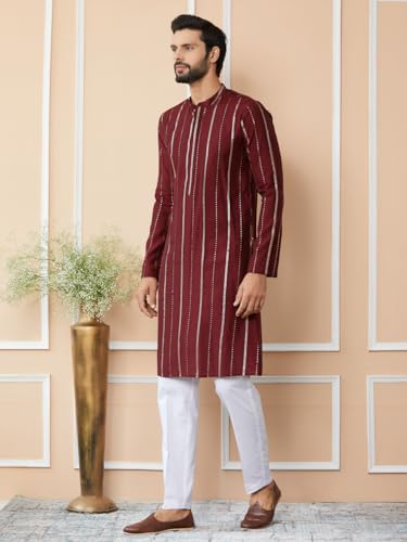 See Designs MenS Long Sleeve Mandarin Collar Side Slit Maroon Sequins Embroidered Pure Chanderi Silk Straight Kurta With Pyjama
