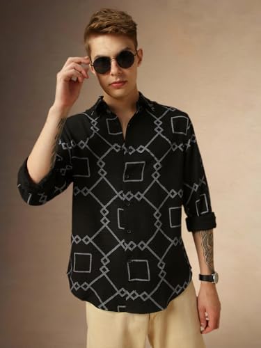 Dennis Lingo Men Black Geometric Print Relaxed Fit Full Sleeve Spread Collar Shirts