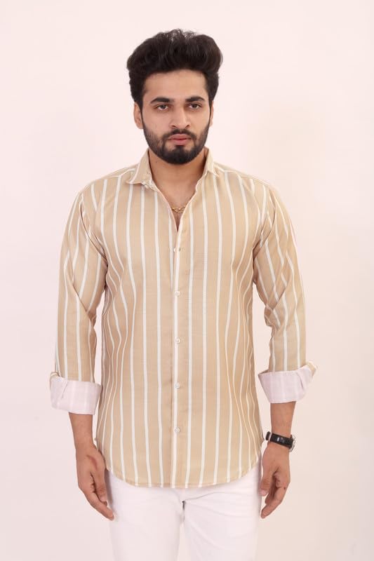 Brown Culture MenS Cotton Blend Striped Print Shirt With Spread Collared Full Sleeves Standard Length And Button Down Closure T