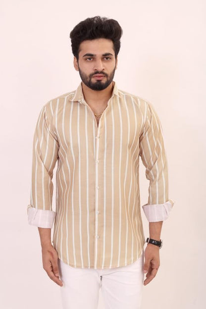Brown Culture MenS Cotton Blend Striped Print Shirt With Spread Collared Full Sleeves Standard Length And Button Down Closure T