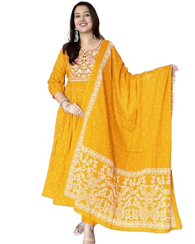 ANNI DESIGNER Womens Rayon Viscose Embroidered Anarkali Kurta with Pant & Dupatta (Kanota Yellow-VKS09_S_Yellow_Small)