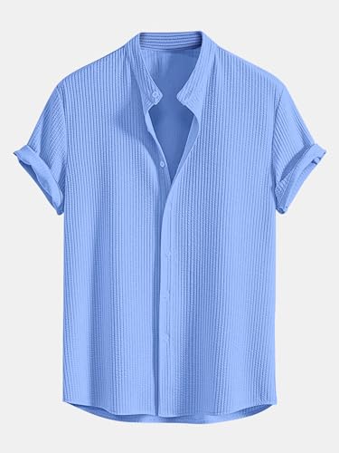 Greciilooks MenS Summer Casual Two Piece Outfit, Textured Button Down Shirt And Shorts Set