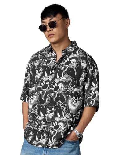 The Souled Store Looney Tunes: Sylvester Men and Boys Short Sleeves Collared Neck Black All Over Printed Viscose Lightweight Cas