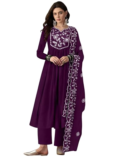 Toochki Women's Muslin Anarkali Embroidered Kurta with Palazzo & Dupatta