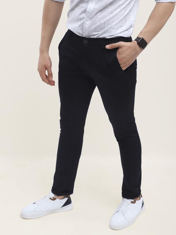 Turtle Men Cotton Stretch Black Check Narrow Fit Casual Trouser