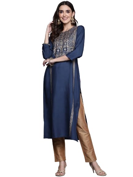 Varanga WomenS Rayon Regular Kurta Set (Vkur309_Navy