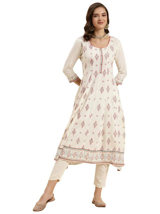 rangita Off White Rayon Calf Length Printed Flared Kurti for Women | Kurta for Women
