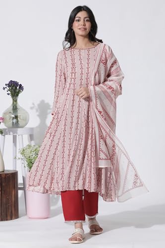 W for Woman White & Red Printed Flared Kurta, Cotton Pants with Dupatta Set