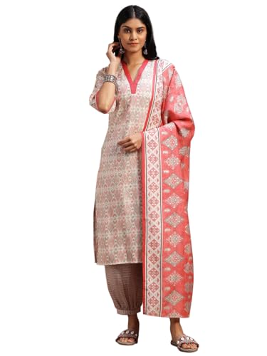 Libas Womens Printed Silk Blend Straight Kurta With Salwar And Dupatta