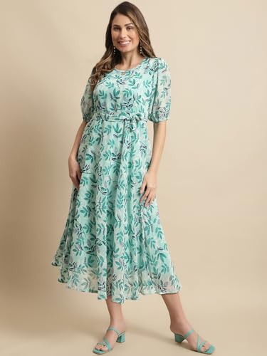 Preneum WomenS Maxi Fit & Flare Latest Style Print Georgette Regular Sleeves Casual Summer Maxi Dress || Festival & Occasion, S