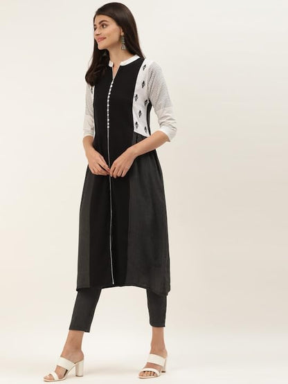 Varanga Women Black & White Striped Kurta with Trousers