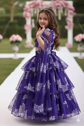 Naixa GirlS Organza Leaf Pattern Lehenga Choli Set With Puffs Sleeve V- Neck And Elastic Closure Type| Ready To Wear Lehenga Ch
