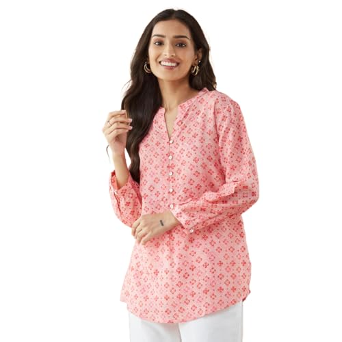 Fabindia WomenS Printed Regular Fit Tunic Top (1038748Pink_Pink