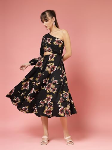 OOMPH! Womens Western & Fusion wear Printed Crepe Dress for Women, One Shoulder, Black - md1073