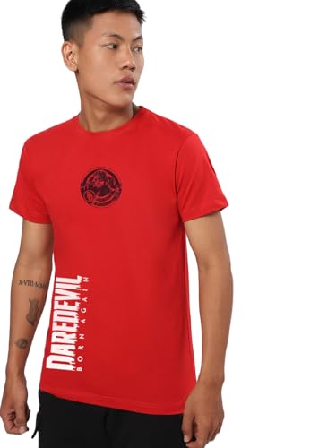 Bewakoof Official Marvel Merchandise Daredevil Mens Graphic Print Regular Fit Half Sleeve Round Neck Cotton T-Shirt_666432_Red_
