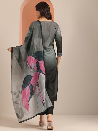 Libas Womens Embellished Muslin Straight Kurta With Trousers And Dupatta