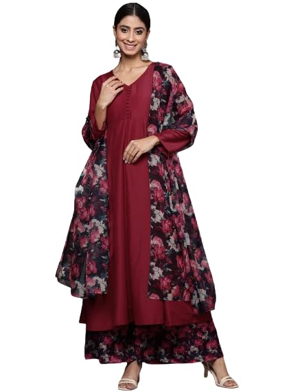 VARANGA Women's Silk Blend Regular Kurta Set (NV_VSKD31499_VARDUP1463_Maroon